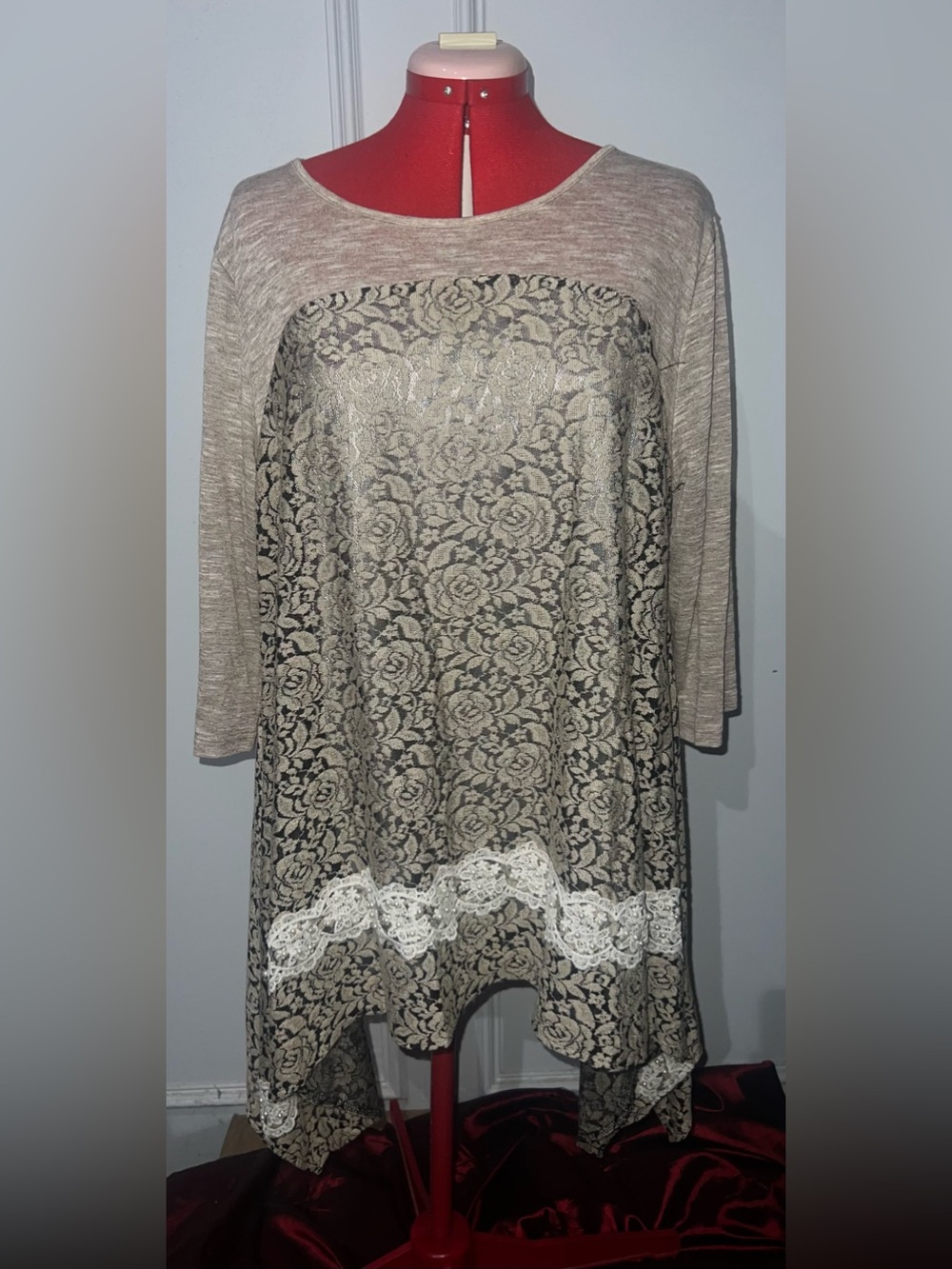 Parsley Vine Beige Lace-Overlay Women's Tunic Top Dress size 1X boho